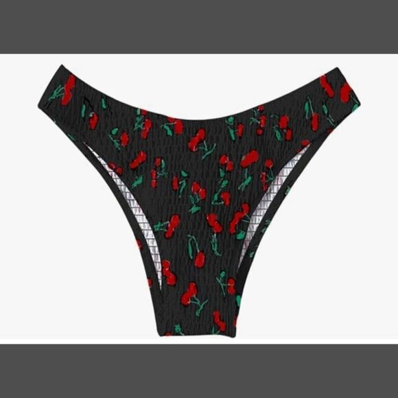 Medium Black Red Cherry Print Bikini Bottom High Rise Thin Side Cheeky Swim Suit - Picture 1 of 6